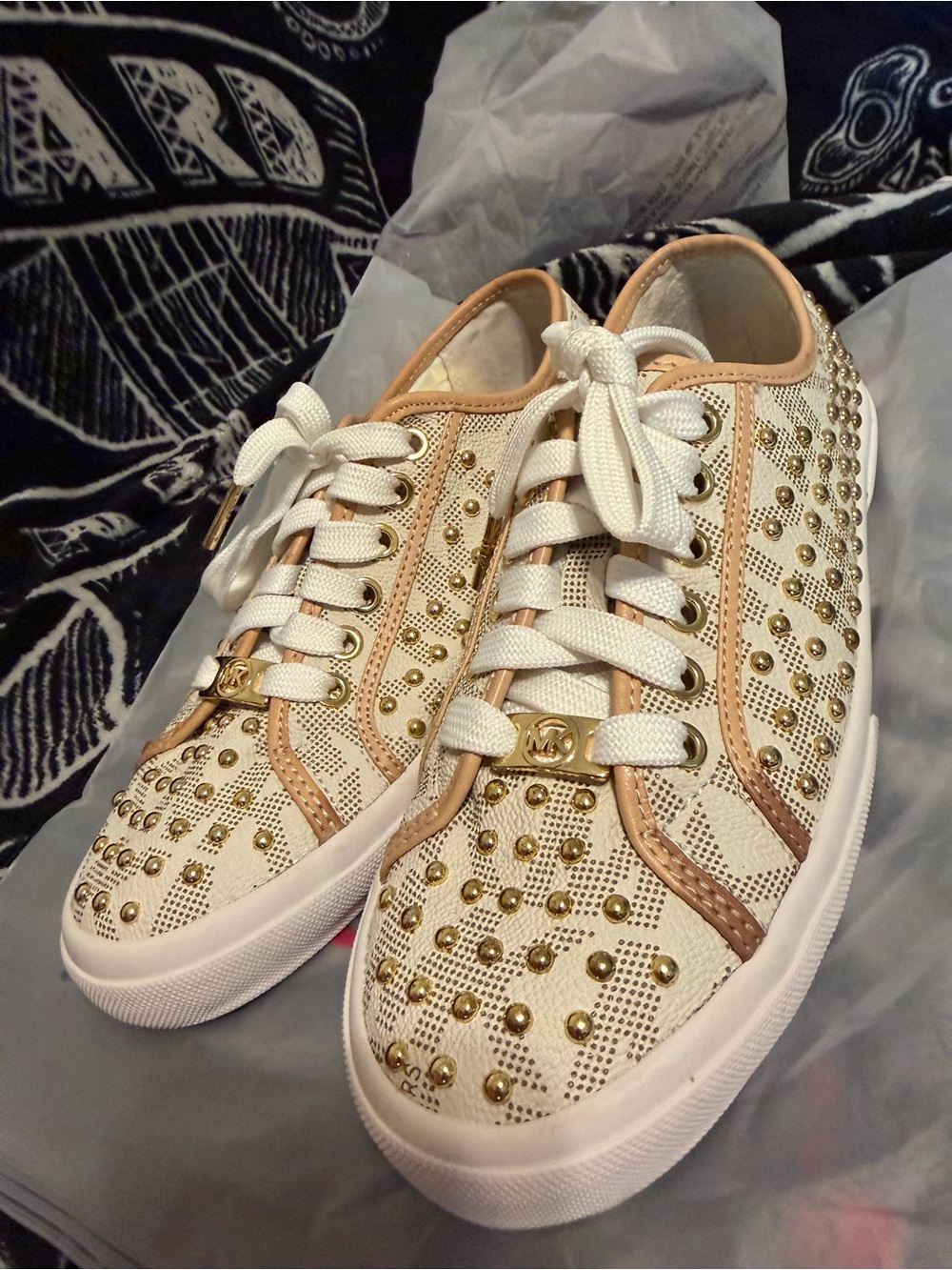Michael Kors White Sneakers with Gold Stud Detailing and Tan Trim